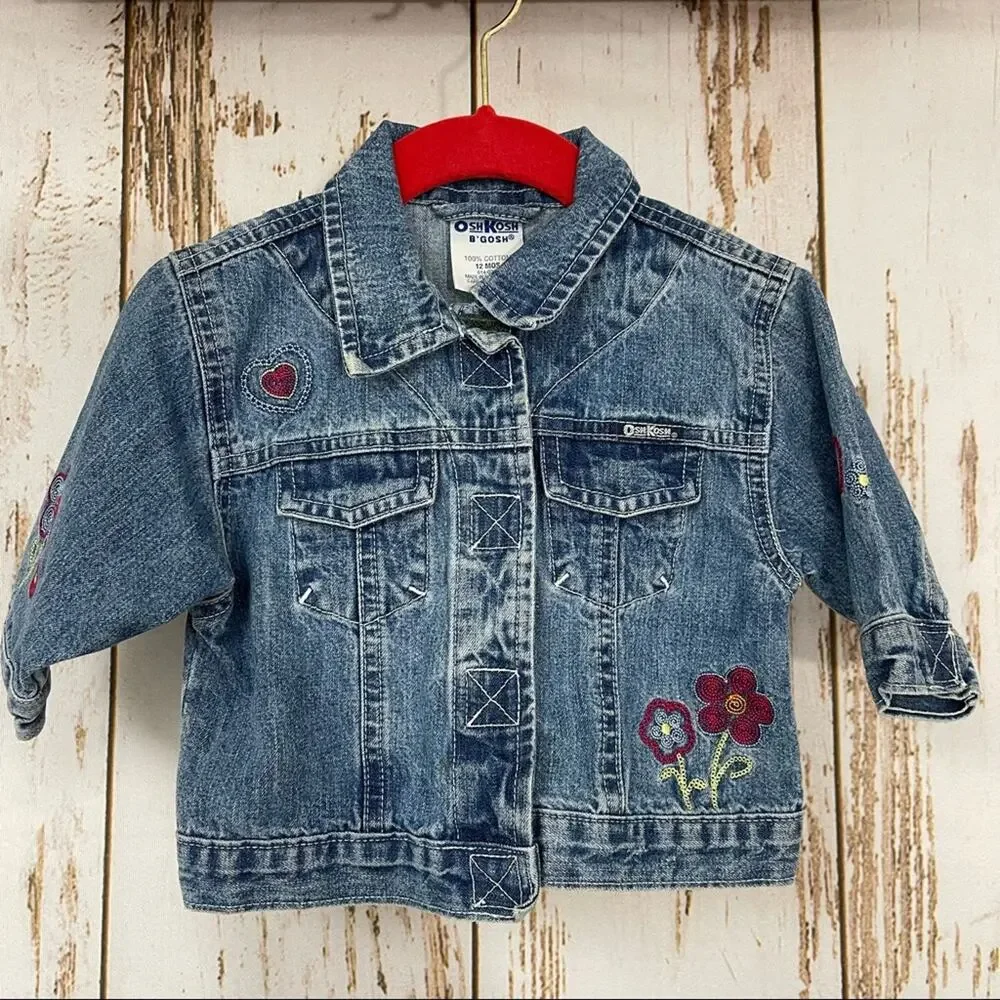 Osh Kosh BGosh, Denim Embroidered Jacket. Size 12 Mo. In good used condition!